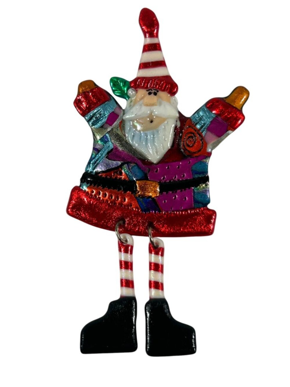 Colorful Santa Claus Christmas Brooch Pin Dangle Legs Striped Stockings Boots